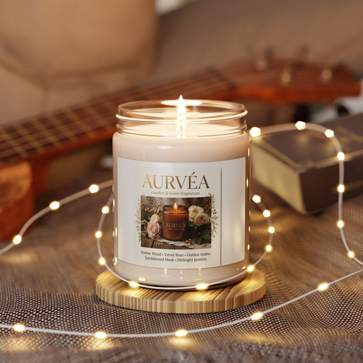 Aurvéa 9oz Scented Soy Candle — Warm Floral & Amber Home Fragrance